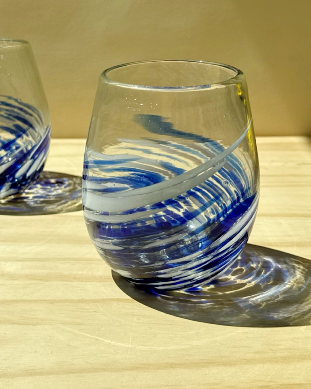 Lena Swirl Stemless Wine Glass - Blue/White- Handblown